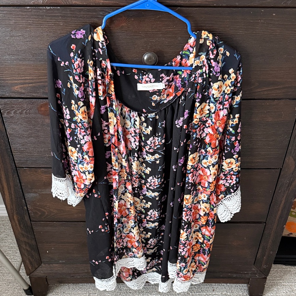 Floral Women's Cardigan with Lace Trim